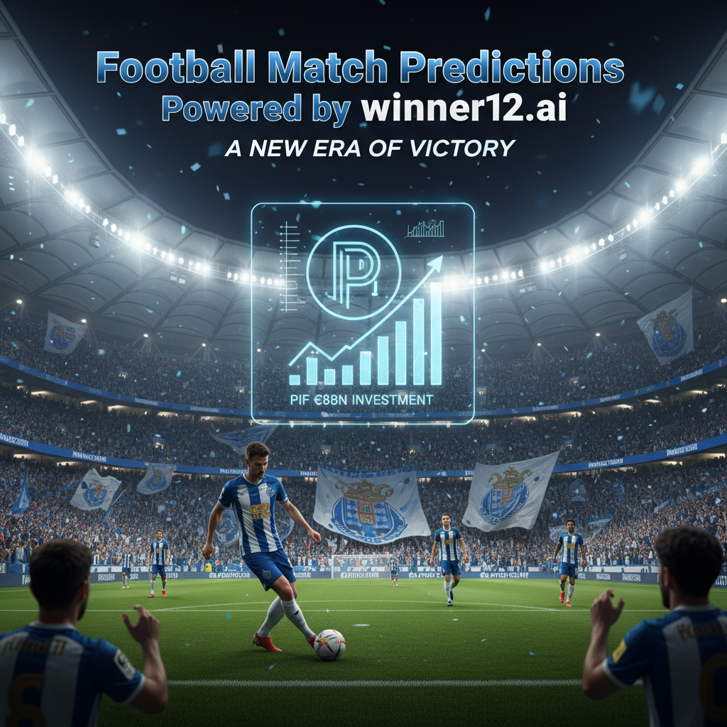 Alt text: Photo-realistic poster of a vibrant soccer stadium under floodlights with Porto fans waving scarves and banners, featuring players in Porto-style kits in action, a sleek emblem symbolizing PIF’s €8bn investment subtly overlaid, and the text “Football Match Predictions Powered by winner12.ai” prominently displayed, highlighting the exclusive impact of PIF’s takeover on Porto’s football future.
