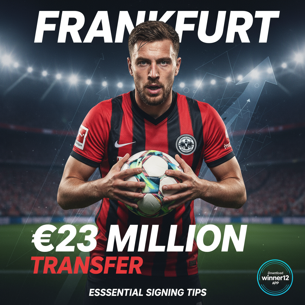 图片ALT文本：法兰克福球员身穿球队球衣，手持足球，神情专注，背景为隐约的球场氛围及2300万欧元转会主题图案，配有“法兰克福”、“2300万欧签”、“必备转会秘诀”现代风格文字叠加，右下角带有winner12.ai标志或“下载winner12 APP”徽章。