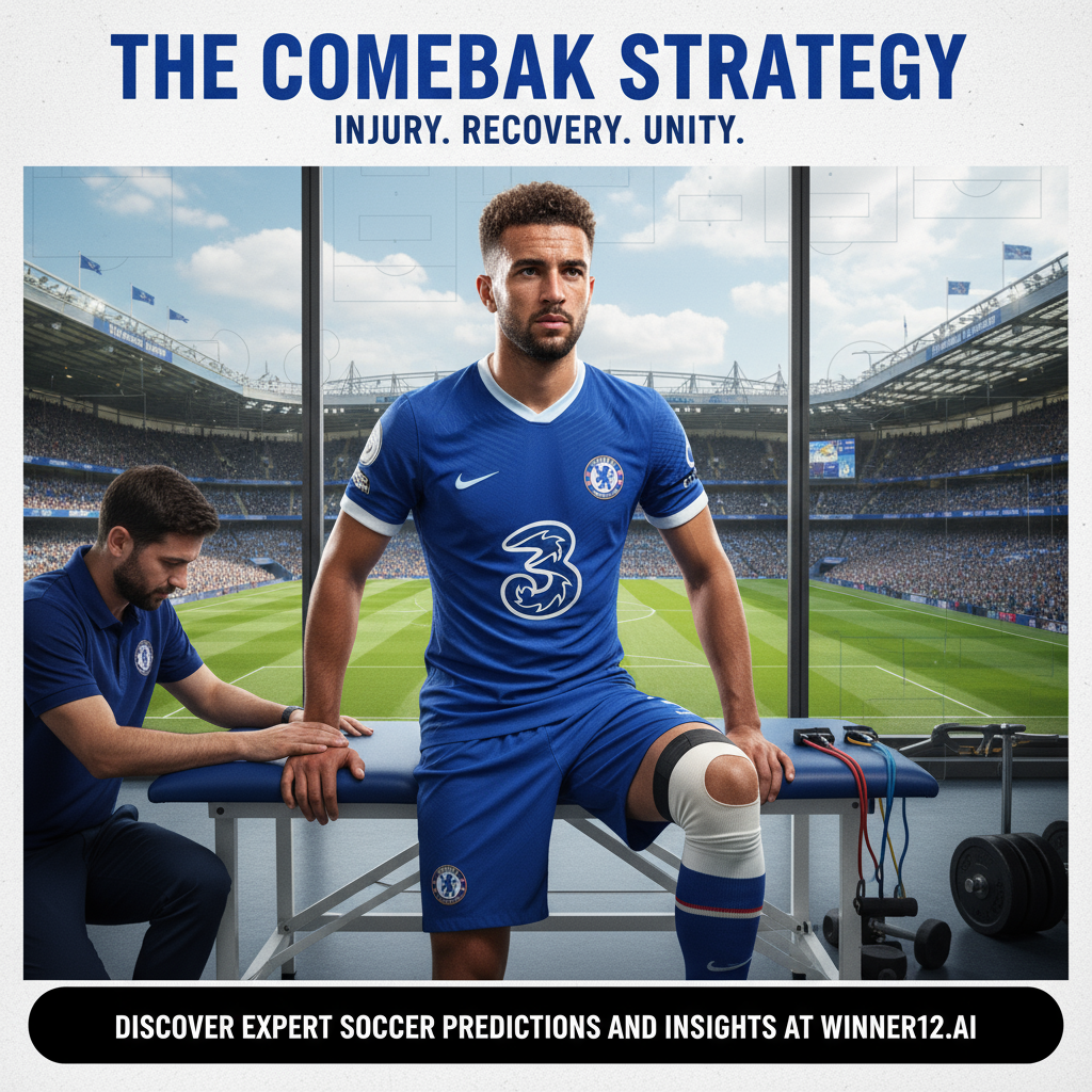 Alt text: Realistic poster of a professional soccer midfielder in a Chelsea kit recovering from surgery, set in a medical rehabilitation environment with subtle English football elements like a classic pitch and Premier League stadium backdrop, highlighting team dynamics and determination, featuring a modern call-to-action for winner12.ai and winner12 app.