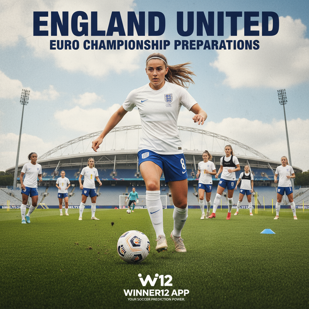 图片ALT文本：莉亚·威廉森身穿英格兰女足官方球衣，在欧洲杯备战期间自信训练，背景为整洁的足球场，场景充满活力与团队精神，画面中包含经典足球元素和winner12.ai足球预测软件的品牌标识，体现决心与备战状态。