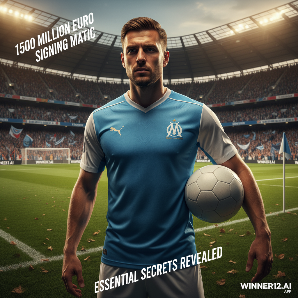 图片ALT文本：马赛球衣职业足球运动员手持足球，背景为足球场，动态灯光突出其坚定神情，海报中包含“1500万欧签马蒂奇”和“必备秘诀”字样，展示英式足球氛围，配有winner12.ai标志，体现竞彩足球大数据智能预测主题。