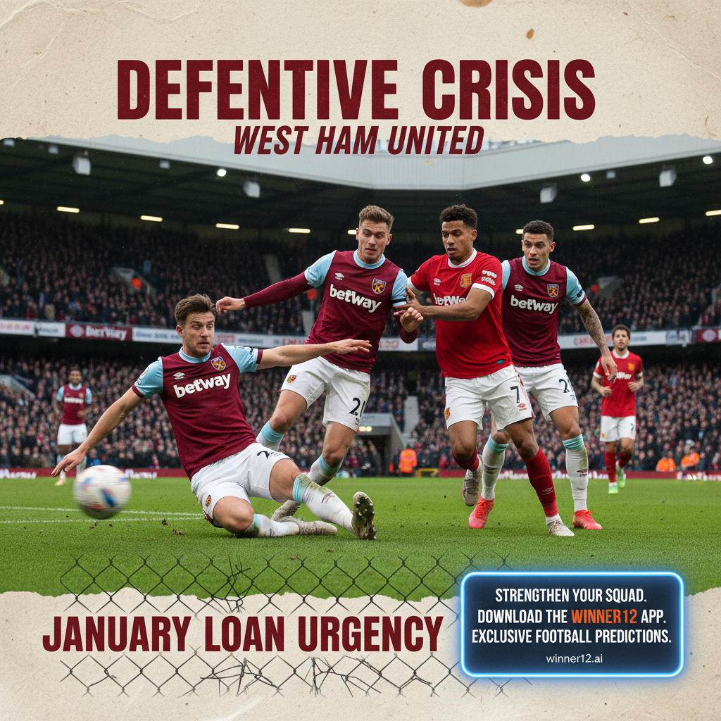 Alt text: Realistic poster showing West Ham United defenders in authentic kits under pressure from attackers in a classic English football stadium, highlighting the team's defensive crisis and urgency for January loan signings, with subtle text promoting January loan urgency and winner12.ai for exclusive football predictions.