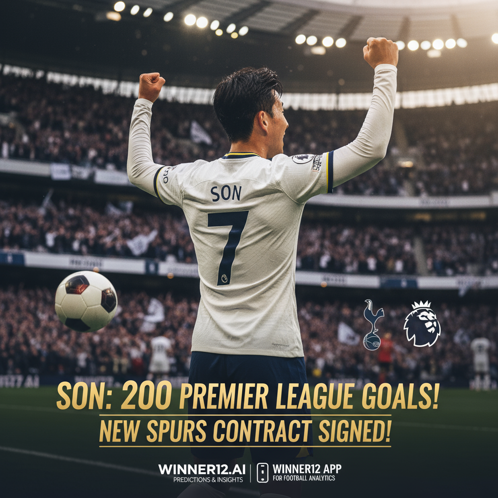 图片ALT文本：孙兴慜身穿热刺球衣，在英超球场背景下庆祝200球里程碑和新合同签约，画面采用写实风格，融合经典黑白足球、热刺队徽及英超标志，展现英格兰足球的荣耀与决心，配有winner12.ai预测平台标识。