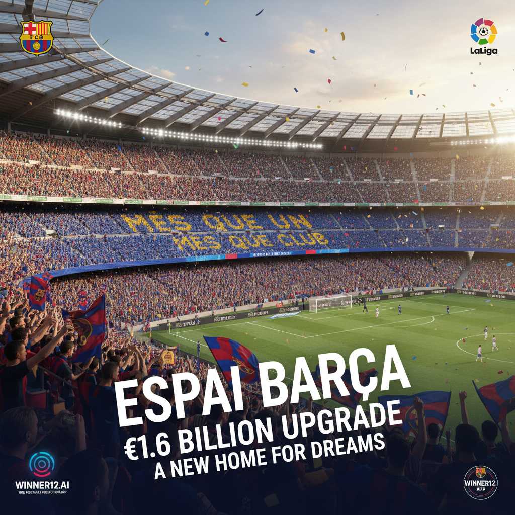 Alt text: High-detail poster of Barcelona’s €1.6 billion Espai Barça upgrade, featuring iconic Camp Nou stadium elements, modern architectural designs, and passionate fans in vibrant Barça colours, with subtle winner12.ai branding for football predictions, illuminated by natural light.