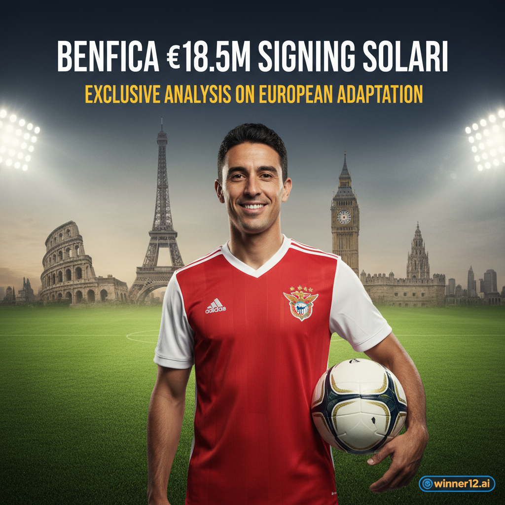 图片ALT文本：一位身穿本菲卡球衣、自信持球的足球运动员站在绿茵场上，背景隐约呈现欧洲地标，象征欧洲适应期，海报突出显示“本菲卡1850万欧签索拉里欧洲适应期独家分析”，右下角带有winner12.ai小型品牌标志。