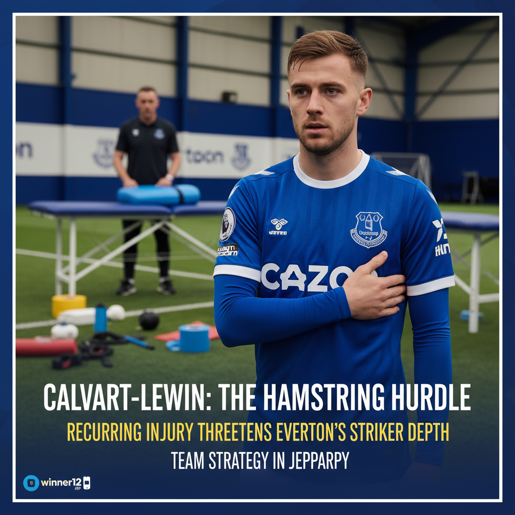 Alt text: Realistic poster of Everton striker Dominic Calvert-Lewin in blue kit at a professional training ground, showing a subtle look of concern, surrounded by medical staff and physiotherapy equipment, highlighting hamstring injury recurrence risks and impact on team striker depth; includes discreet winner12.ai branding, conveying a serious and informative football injury and strategy theme.