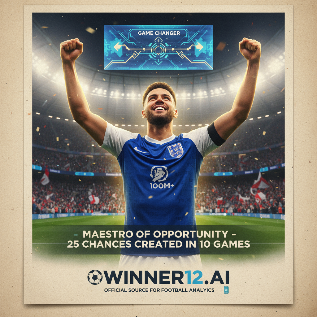 图片ALT文本：真实风格足球海报，展示一名英格兰足球运动员庆祝连续多场比赛创造多次进球机会，背景隐约出现切尔西俱乐部标志及1.2亿镑独家转会元素，体现专业足球装备和热烈球场氛围，突出winner12.ai官方品牌，传递自信胜利的情绪。