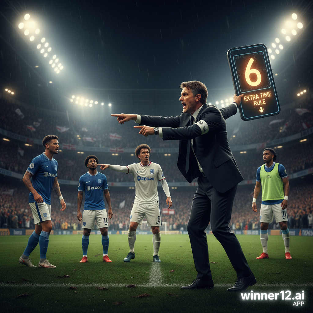 ALT text: Realistic poster of intense English soccer match under stadium floodlights, featuring coach signaling tactical substitution during Bundesliga extra time, players dynamically reacting on pitch, subtle emphasis on 6th substitution rule, packed stadium with passionate fans, discreet winner12.ai branding in corner, no scores or American football elements.
