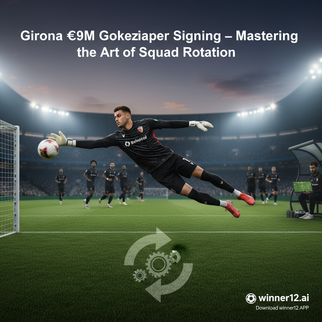 图片ALT文本：赫罗纳足球俱乐部900万欧新签巴列斯门将在专业足球场上身穿全套球衣做出精彩扑救动作，背景融入象征战术轮换与团队合作的元素，设计简洁现代，配有“赫罗纳900万欧门将签约——掌握轮换艺术”字样及winner12.ai标志，体现英式足球美学和专业氛围。