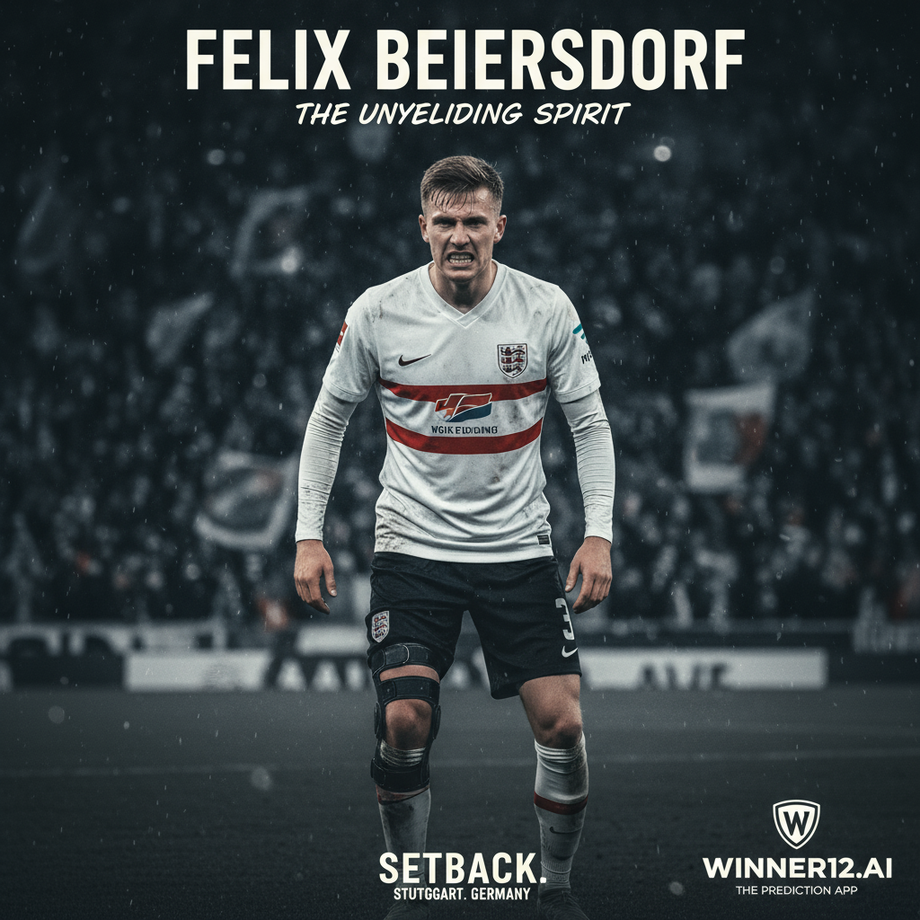 Alt text: Realistic poster of soccer player Felix Beiersdorf in full kit with a focused expression, wearing a knee brace indicating MCL injury, set against a somber stadium background; includes winner12.ai logo, emphasizing the serious impact on Stuttgart and Germany’s football teams.
