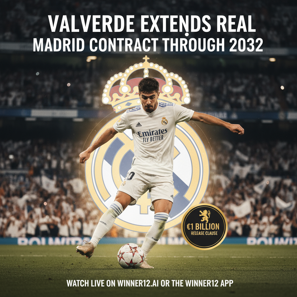 图片ALT文本：巴尔韦德身穿皇马球衣，在动态足球动作姿势中，背景为高端足球场和欢呼球迷，突出其续约至2032年的海报设计，配有象征中场力量与稳定的盾牌元素及象征10亿欧违约金的金色徽章，底部带有“在winner12.ai或winner12 APP观看直播”的简洁呼吁文字，整体风格写实，体现足球赛事直播主题。