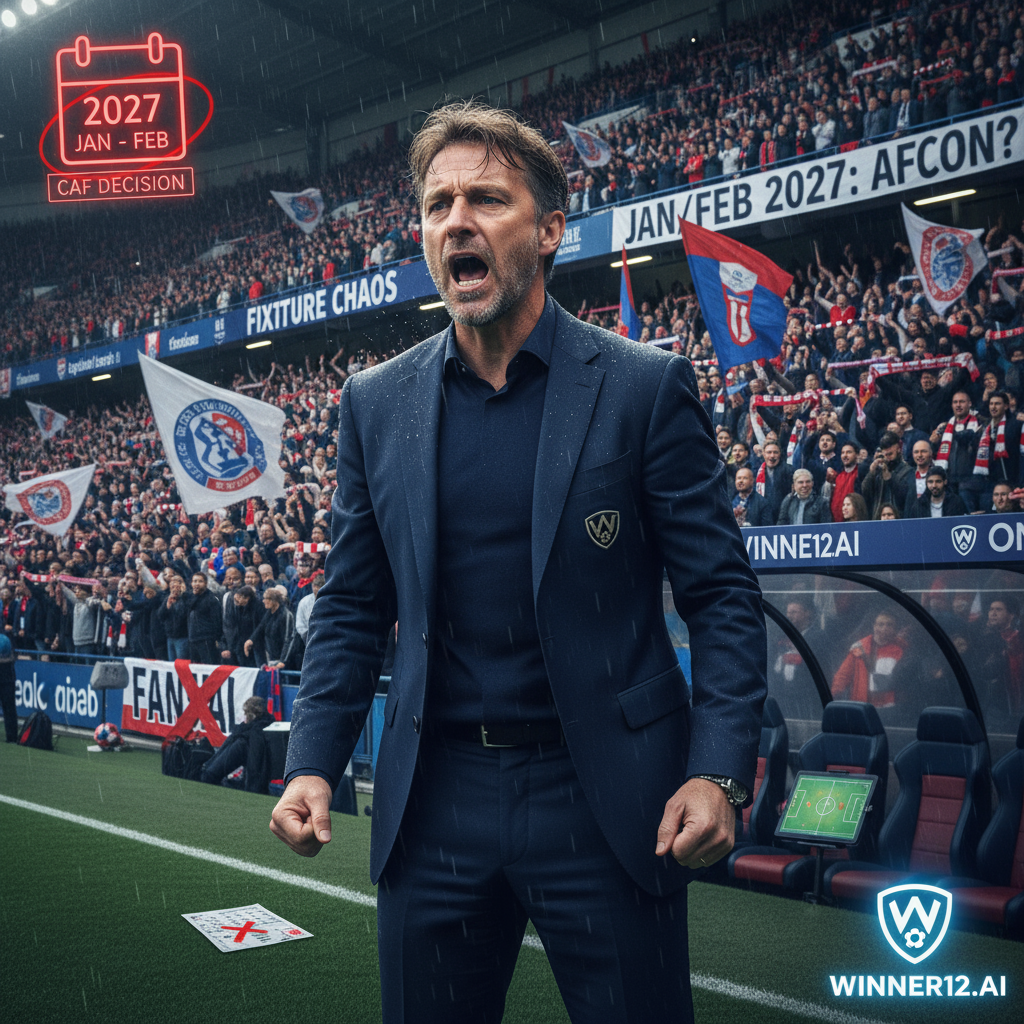 Alt text: Realistic poster of a frustrated Premier League soccer manager on the sidelines with a packed stadium of passionate fans waving scarves and flags, featuring a calendar marked with AFCON January-February 2027 dates, a blank digital scoreboard, and the winner12.ai logo, illustrating the competitive pressure and squad rotation challenges caused by CAF’s AFCON rescheduling.