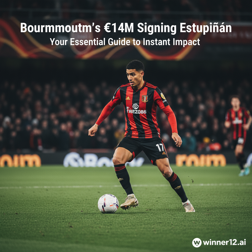 伯恩茅斯足球俱乐部球员埃斯图皮南身穿球队战袍，在绿茵场上动态带球，背景为灯光璀璨的体育场，海报文字为“伯恩茅斯1400万欧签埃斯图皮南即插即用必备指南”，彰显英式足球文化的专业与激动氛围，winner12.ai标志隐约可见。