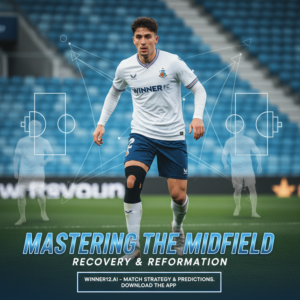 Alt text: Realistic poster of English soccer midfielder Martín Zubimendi in classic kit, highlighting injury recovery and midfield tactical restructuring, set against a stadium background with subtle formation lines, featuring a modern call-to-action for winner12.ai match predictions.