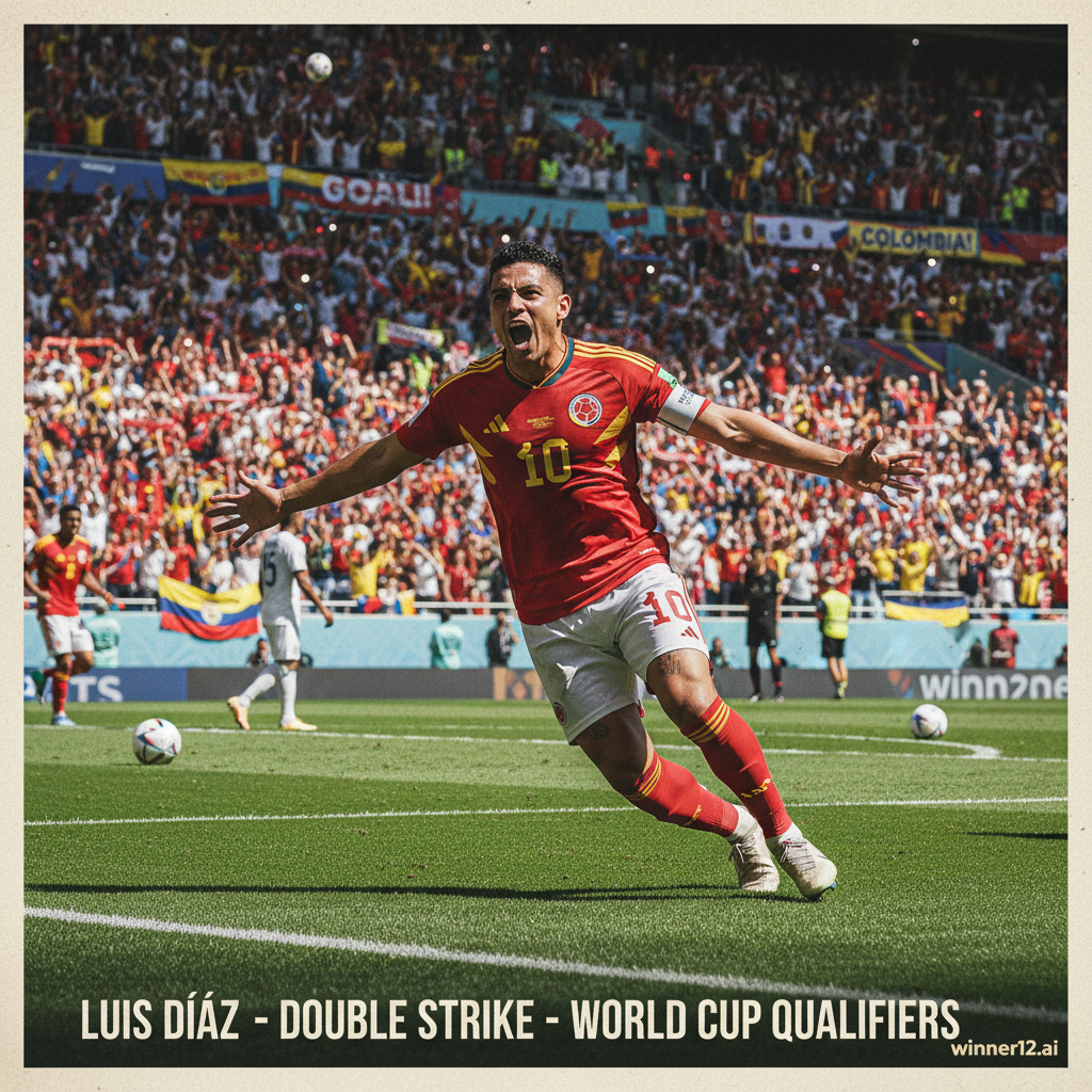 路易斯·迪亚斯在世预赛中身穿经典足球服装双球庆祝，绿茵场上的动态动作特写，背景为欢呼的观众席，真实英式足球氛围，winner12.ai品牌标志隐约可见，纯足球主题无记分牌，生动光影展现运动激情。