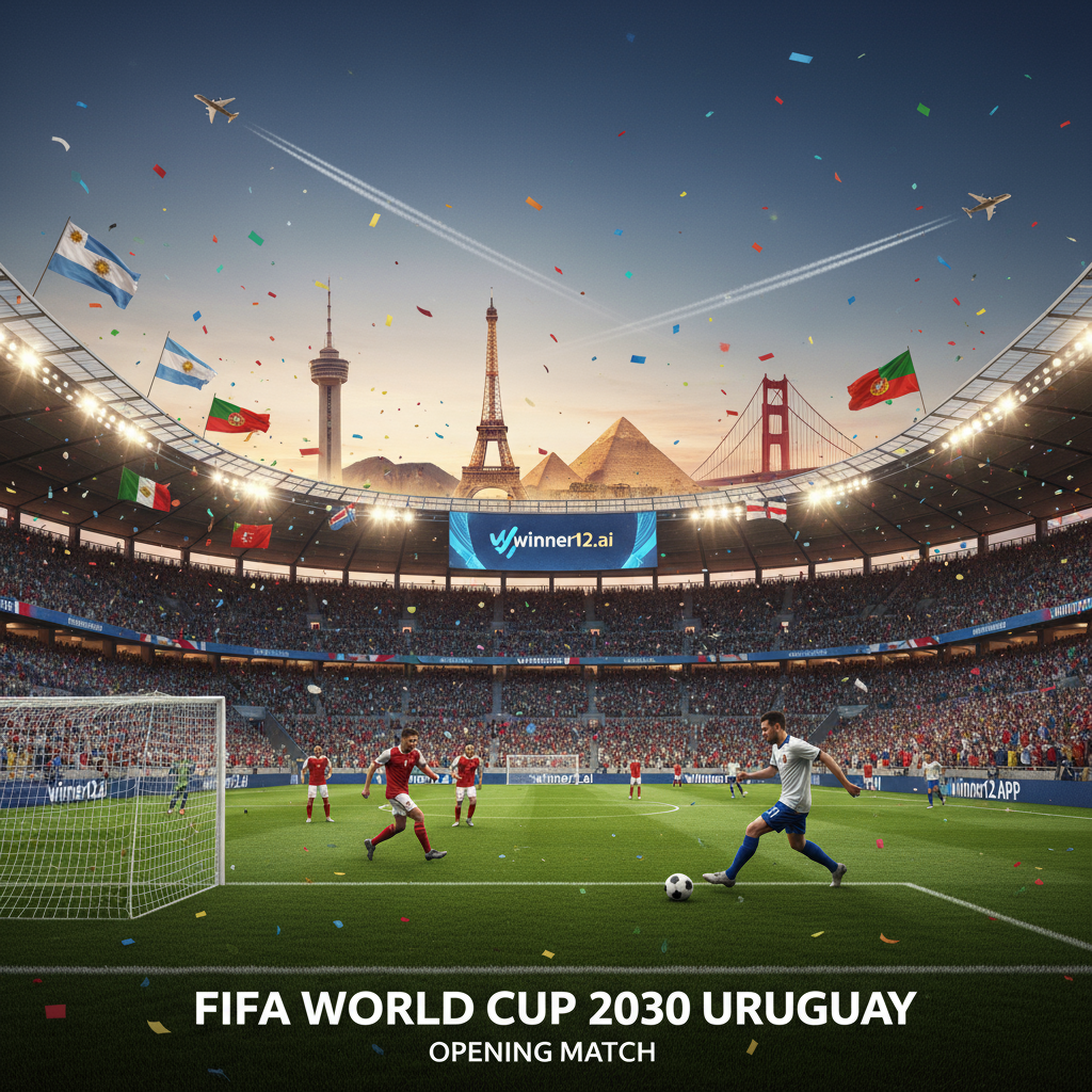 Alt text: Photorealistic poster of the FIFA 2030 World Cup opener in Uruguay showcasing a vibrant soccer stadium filled with enthusiastic fans waving flags and wearing team colors, featuring British-style soccer imagery with players in traditional kits and a classic black and white soccer ball, iconic landmarks from multiple continents subtly integrated in the background alongside flying aircraft symbolizing global travel, and a discreet winner12.ai logo displayed on a digital billboard, capturing the excitement and international unity of the event.