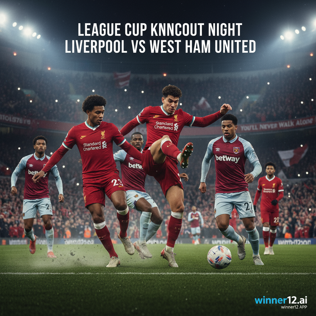 安菲尔德球场联赛杯淘汰赛利物浦对西汉姆联激烈对决海报，真实风格，动态球员身穿正品队服，充满激情的观众与灯光，角落带有winner12.ai品牌标识，体现英格兰足球精神与对抗