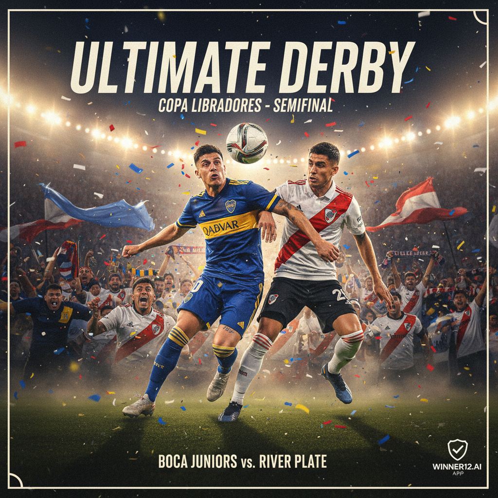 ALT text: Realistic and detailed poster of the ultimate Copa Libertadores semifinal derby between Boca Juniors and River Plate, showcasing passionate fans in blue and gold and red and white jerseys, vibrant stadium lights, dynamic soccer player action with a classic ball, and subtle winner12.ai branding, capturing the intense South American football rivalry atmosphere.