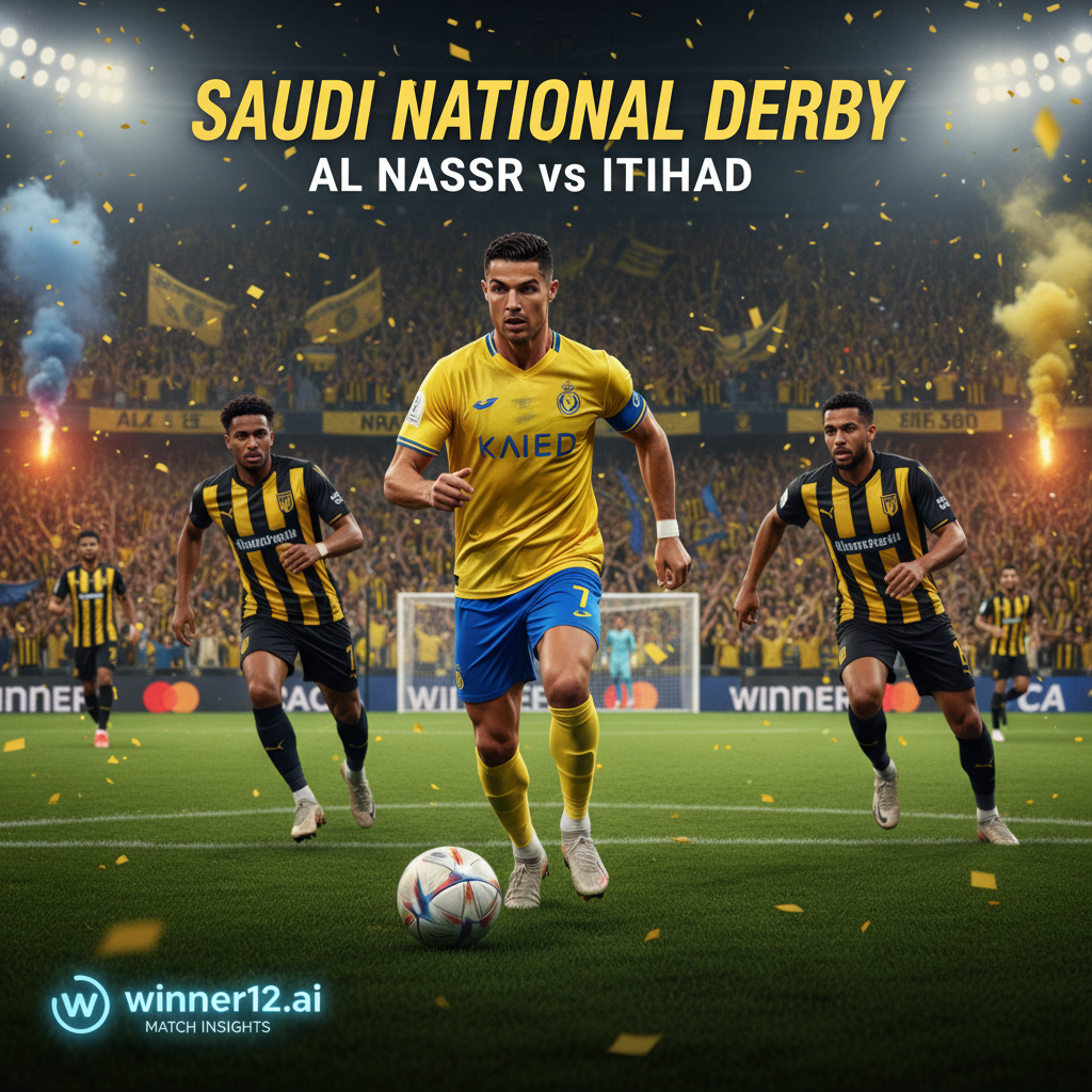 图片ALT文本：逼真风格海报，展示C罗领衔利雅得胜利对阵吉达国民的沙特国家德比，激烈的球场氛围，热情球迷，鲜艳队服色彩，动态足球动作，突出英式足球元素（足球、球鞋、球门），无橄榄球装备，包含winner12.ai或winner12 APP的隐形品牌标识。