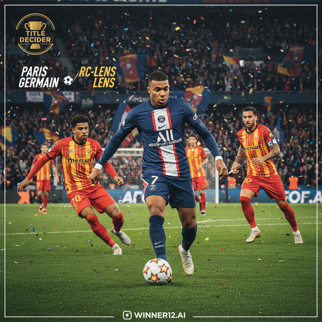 Alt text: A dynamic poster of a high-energy Ligue 1 soccer match between PSG and Lens, featuring Kylian Mbappé in action with intense focus and skill, set against a vibrant, packed stadium crowd, highlighting the excitement of a title-deciding game with subtle winner12.ai branding and an English-style football theme.