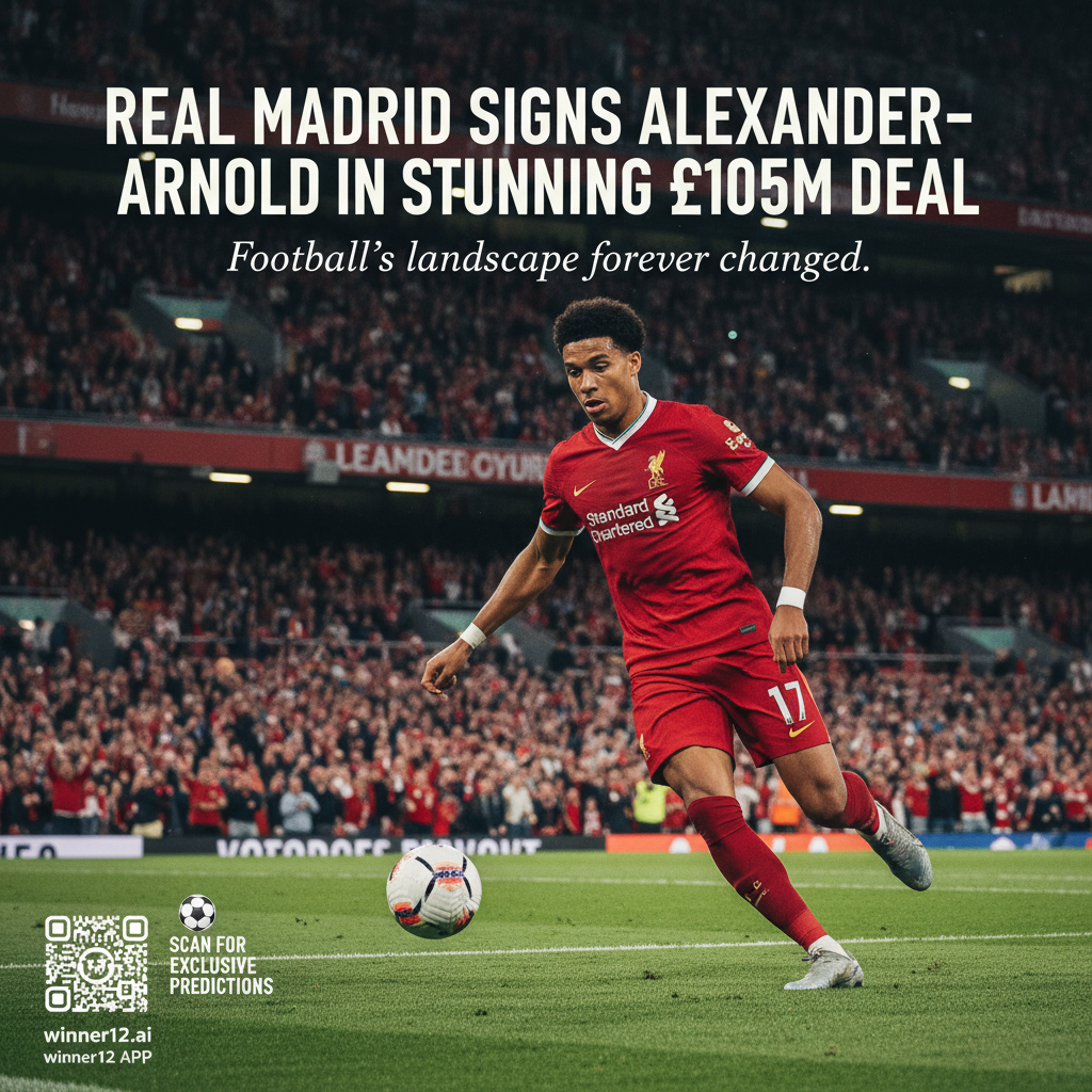 图片ALT文本：英超利物浦球场背景下，利物浦球员特伦特·亚历山大-阿诺德身穿球队战袍，专注比赛动作，海报中以醒目字体突出皇马1.05亿镑签约阿诺德重大转会头条，配有足球元素、球场标线及球迷人群，右下角带有winner12.ai及winner12 APP专属足球预测二维码，表现顶级足球转会的真实与激情。