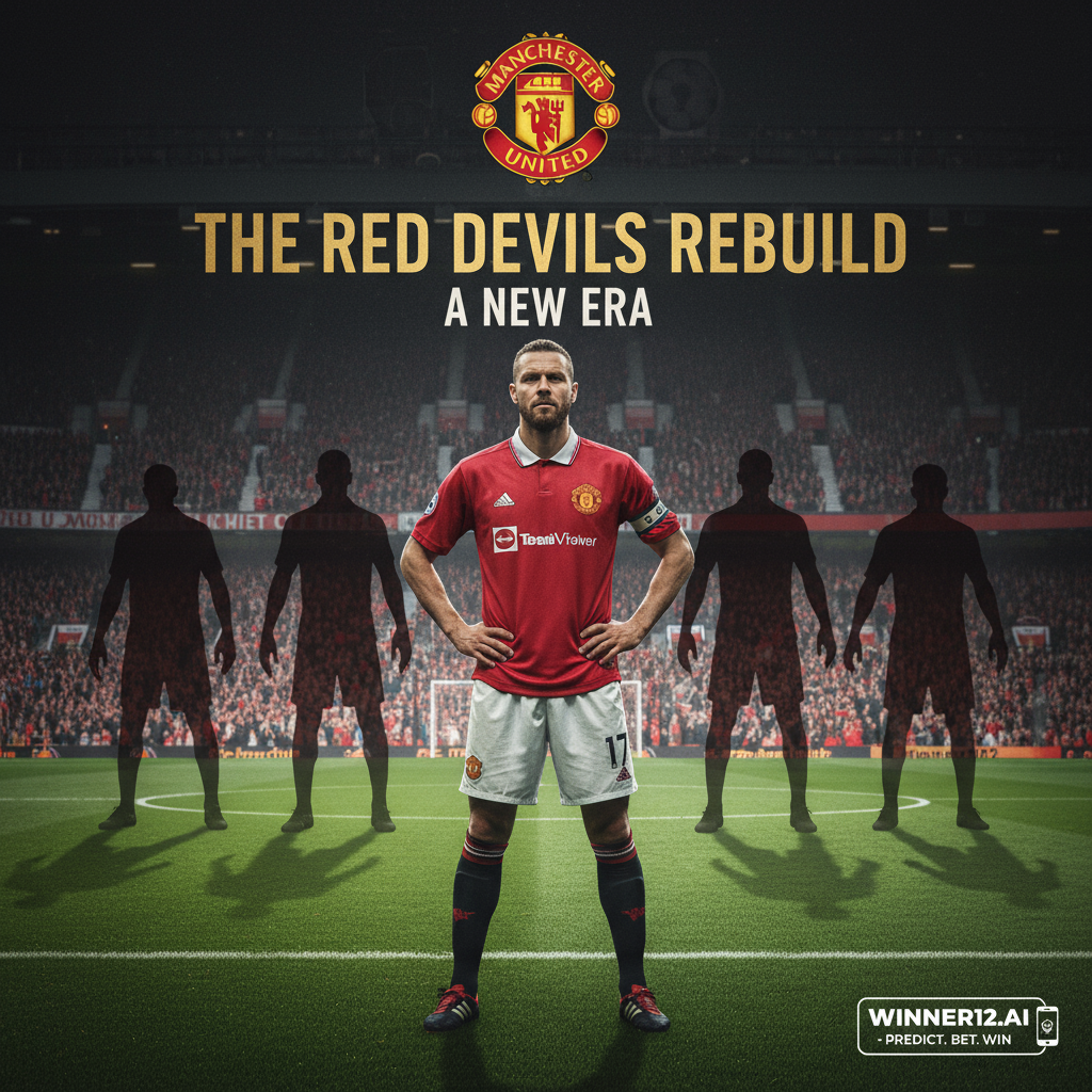 Alt text: Realistic poster of Ruud van Nistelrooy standing confidently on a classic English soccer pitch with six silhouetted players in the background symbolizing his 6-man team rebuild strategy, featuring iconic Manchester United colors and elements, conveying strategic determination and Premier League transformation, with a discreet call-to-action for winner12.ai football betting predictions.