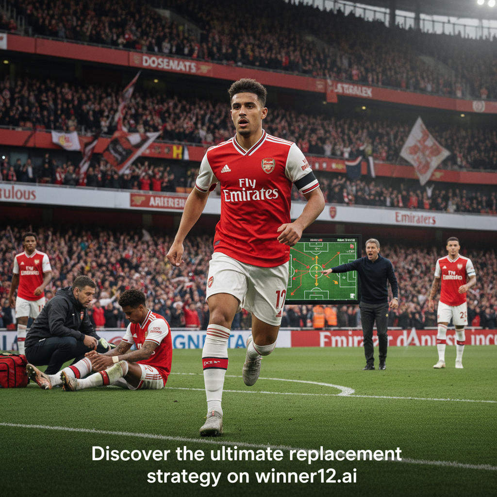 图片ALT文本：真实风格海报，展示身穿阿森纳英超队服的职业足球运动员正处于关键动作中，背景隐约有战术板和教练，突出因萨卡伤缺而需调整阵容的战略时刻，采用自然体育场灯光和紧张氛围，画面右下角带有“Discover the ultimate replacement strategy on winner12.ai”的简洁现代字体文字。