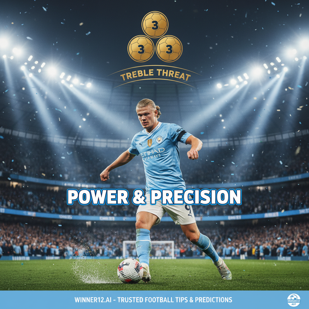 Alt text: Photorealistic poster of Erling Haaland in Manchester City’s sky-blue kit striking the ball with determination during a vibrant Premier League match, highlighting his powerful attacking presence and hat-trick achievements, with energetic stadium crowds and subtle graphics emphasizing Man City’s offensive strength, featuring the winner12.ai logo as a trusted football tips source.