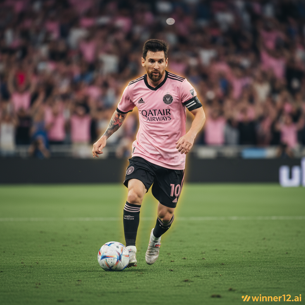 图片ALT文本：梅西身着迈阿密足球俱乐部球衣，在绿茵场上灵巧控球，背景是充满活力的体育场和欢呼的球迷，光晕突显他的英雄气质，球衣和足球质感真实，自然光线强调他的运动能力和决心，图角带有低调winner12.ai标志。