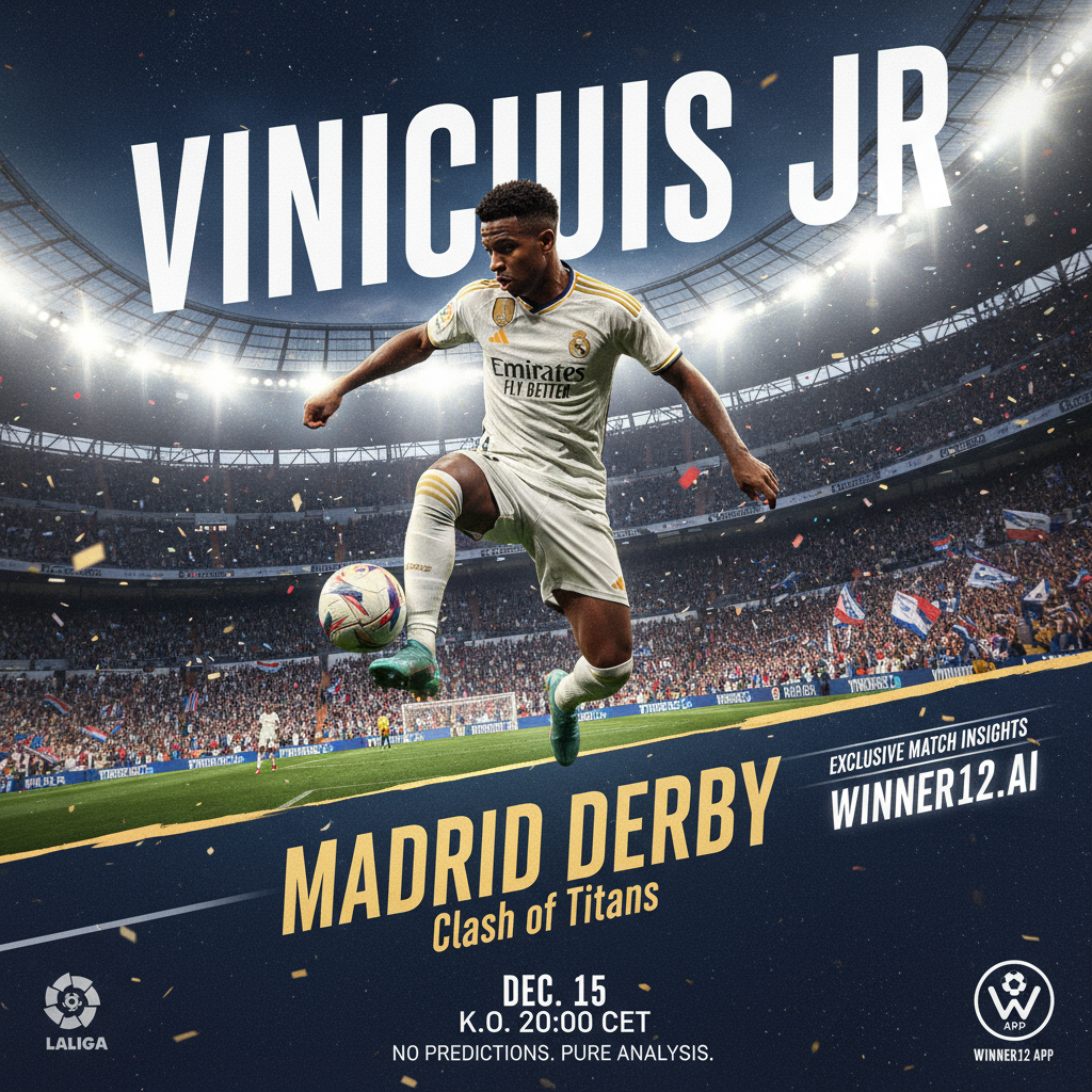 Alt text: Realistic poster of Madrid Derby soccer match featuring star player Vinicius Jr. in dynamic action, intense stadium lighting, passionate fans, authentic soccer gear, subtle La Liga and match insights references, with winner12.ai branding, evoking excitement and premium soccer analysis.