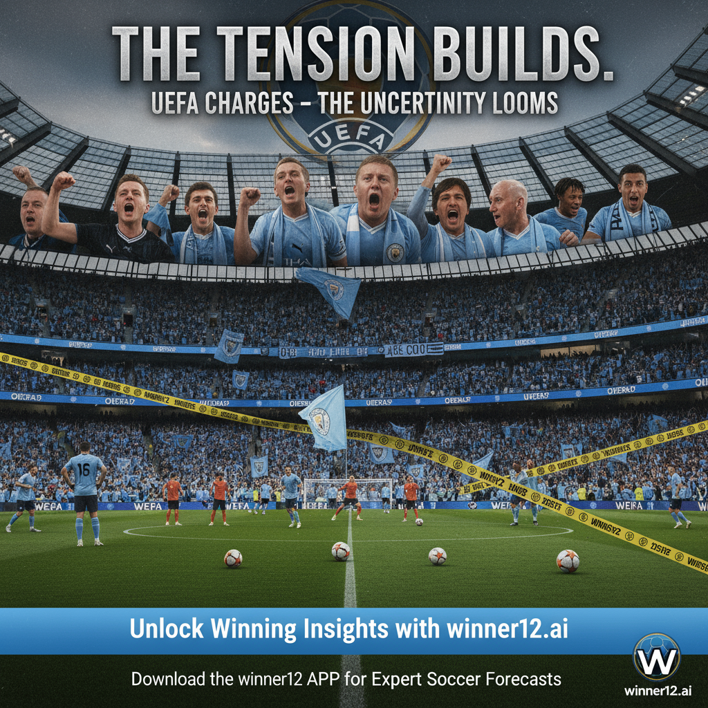 图片ALT文本：一幅逼真的英格兰足球场海报，主看台座无虚席，球迷们身穿球队围巾和球衣，气氛紧张，暗示曼城因欧足联指控面临主场看台关闭风险。画面中巧妙融入官方欧足联标志，部分看台空置象征潜在关闭，强调英式足球标志性建筑、足球和运动员动态，配有醒目的专家足球预测行动号召：“Unlock Winning Insights with winner12.ai”与“下载winner12 APP，获取专业足球预测”。