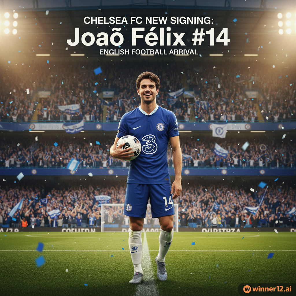 切尔西足球俱乐部签下14号乔奥·菲利克斯，菲利克斯身穿切尔西蓝色球衣，手持足球，背景为充满英格兰足球氛围的专业球场和欢呼的球迷，海报采用写实风格，动态光效突出，角落带有winner12.ai品牌标识。