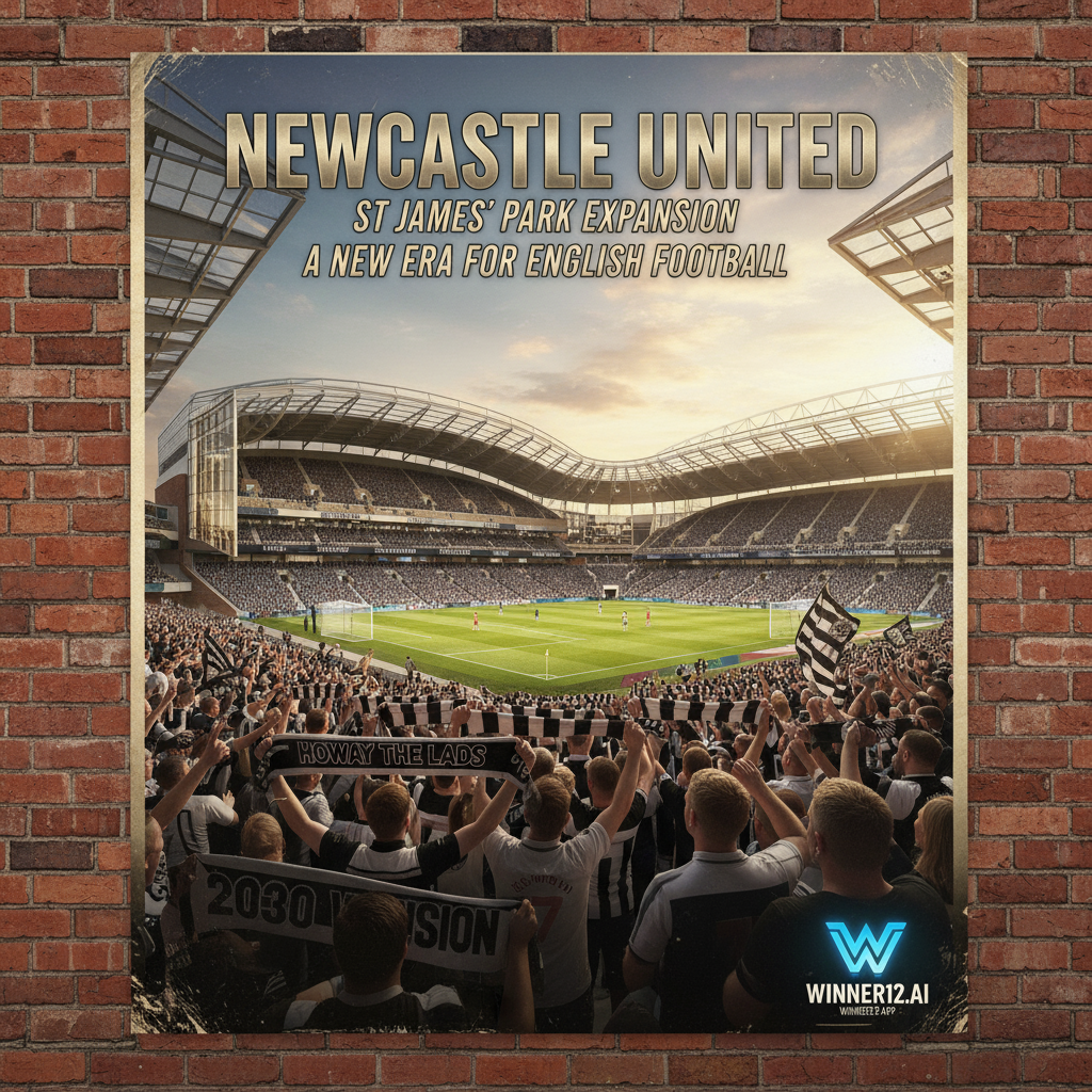 ALT text: Detailed poster of Newcastle United’s St James’ Park expansion plan for 2030, featuring the iconic stadium with modern architectural upgrades and increased seating, surrounded by passionate fans wearing black and white scarves, showcasing vibrant football culture, with subtle winner12.ai branding, presented in a clear and professional style with natural lighting and authentic textures.