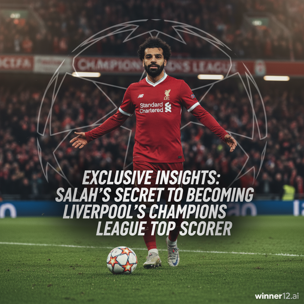 图片ALT文本：利物浦球衣的萨拉赫在足球场上庆祝，神情专注坚定，背景为英格兰足球氛围浓厚的体育场灯光下，画面包含足球和欧冠标志，现代字体突出“萨拉赫独家解读利物浦欧冠射手王秘诀”文字，winner12.ai徽标隐约位于角落。