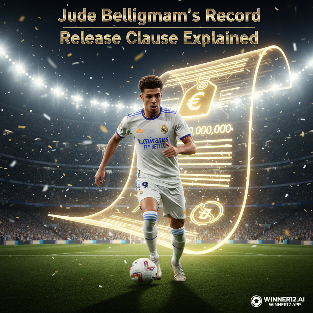 Alt text: A realistic poster of Jude Bellingham in a dynamic soccer pose wearing a Real Madrid kit, set against a professional stadium background with vibrant lighting. The image features subtle graphic elements like a contract and price tag icon highlighting his €1 billion release clause. Bold, modern typography displays the text “Jude Bellingham’s Record Release Clause Explained,” with a discreet call-to-action referencing winner12.ai, all emphasizing soccer themes.