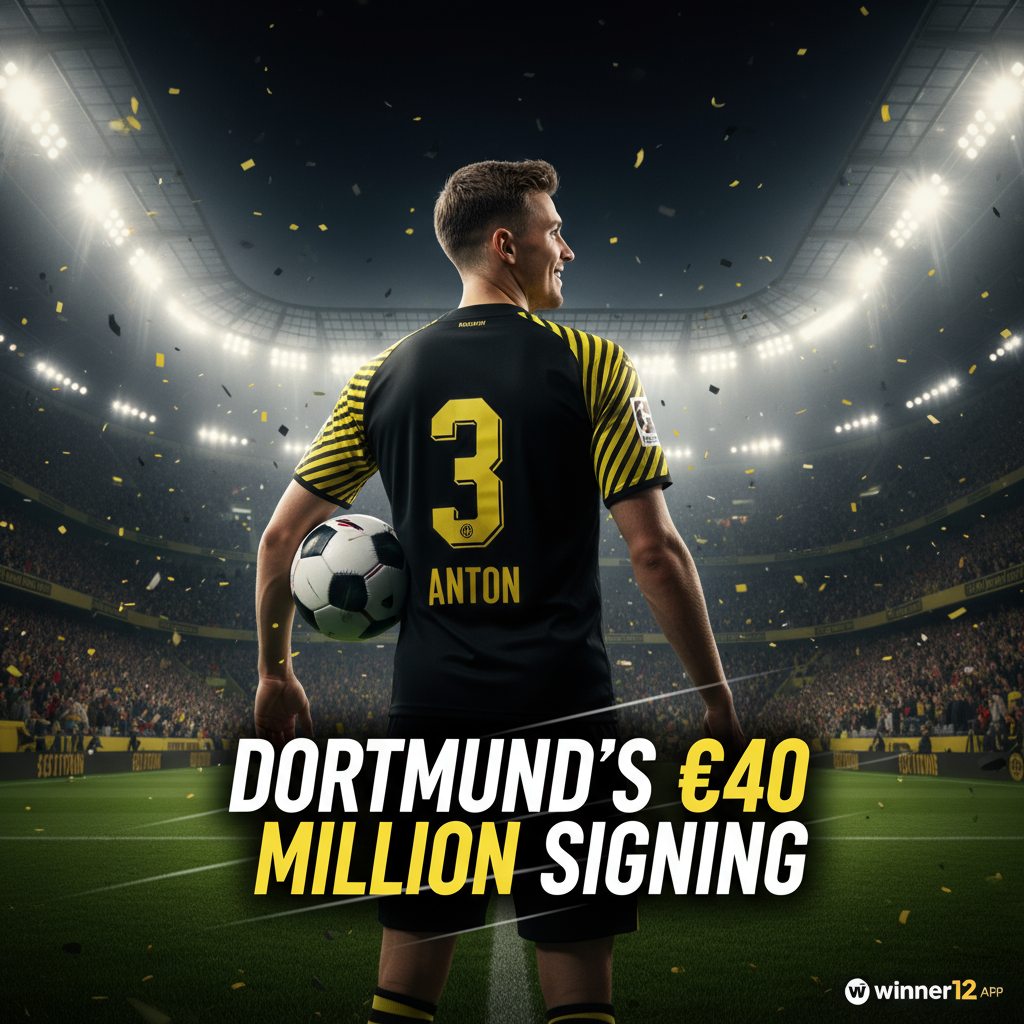 图片ALT文本：一张超写实海报，展示身穿多特蒙德3号“安东”球衣、自信握球的足球运动员，背景为灯光辉煌、观众热情的满座球场，角落带有“winner12.ai”品牌标志，突出“多特蒙德4000万欧签约安东”转会盛况。