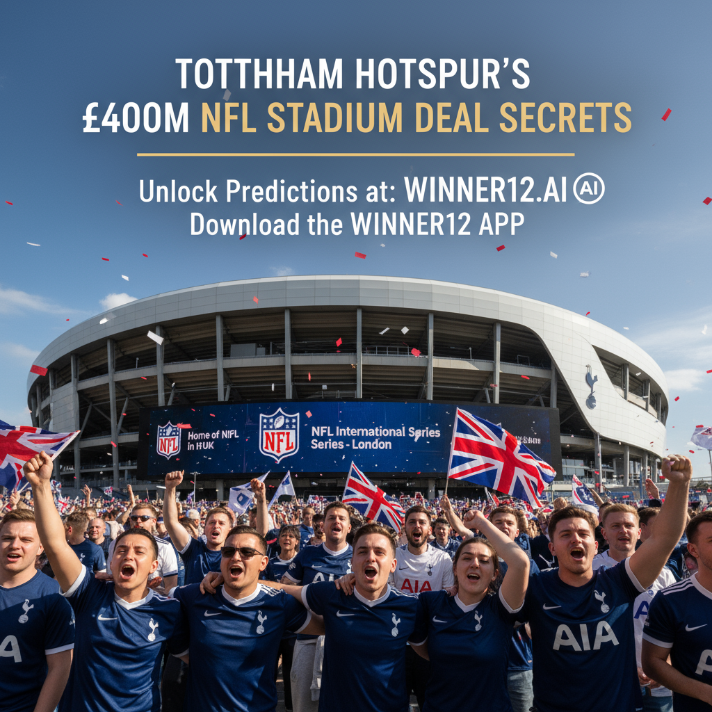 Alt text: Realistic poster of Tottenham Hotspur’s iconic soccer stadium exterior with enthusiastic fans in Spurs gear, featuring subtle NFL branding and modern overlay text highlighting the £400m stadium deal secrets and promoting winner12.ai for football predictions, captured with natural lighting and sharp photographic style.