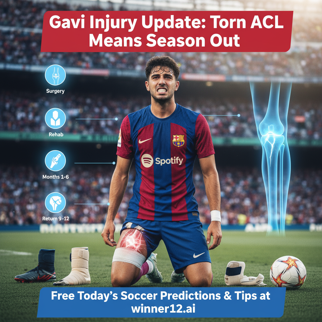 加维穿着巴萨球衣的真实海报，面带专注表情，突出膝盖前交叉韧带断裂伤情，背景含医学图示及恢复时间线，配有加粗文字“加维伤情揭秘：巴萨十字韧带再度撕裂赛季报销”和“今日足球预测推荐免费，尽在winner12.ai”，真实球场与足球装备元素。