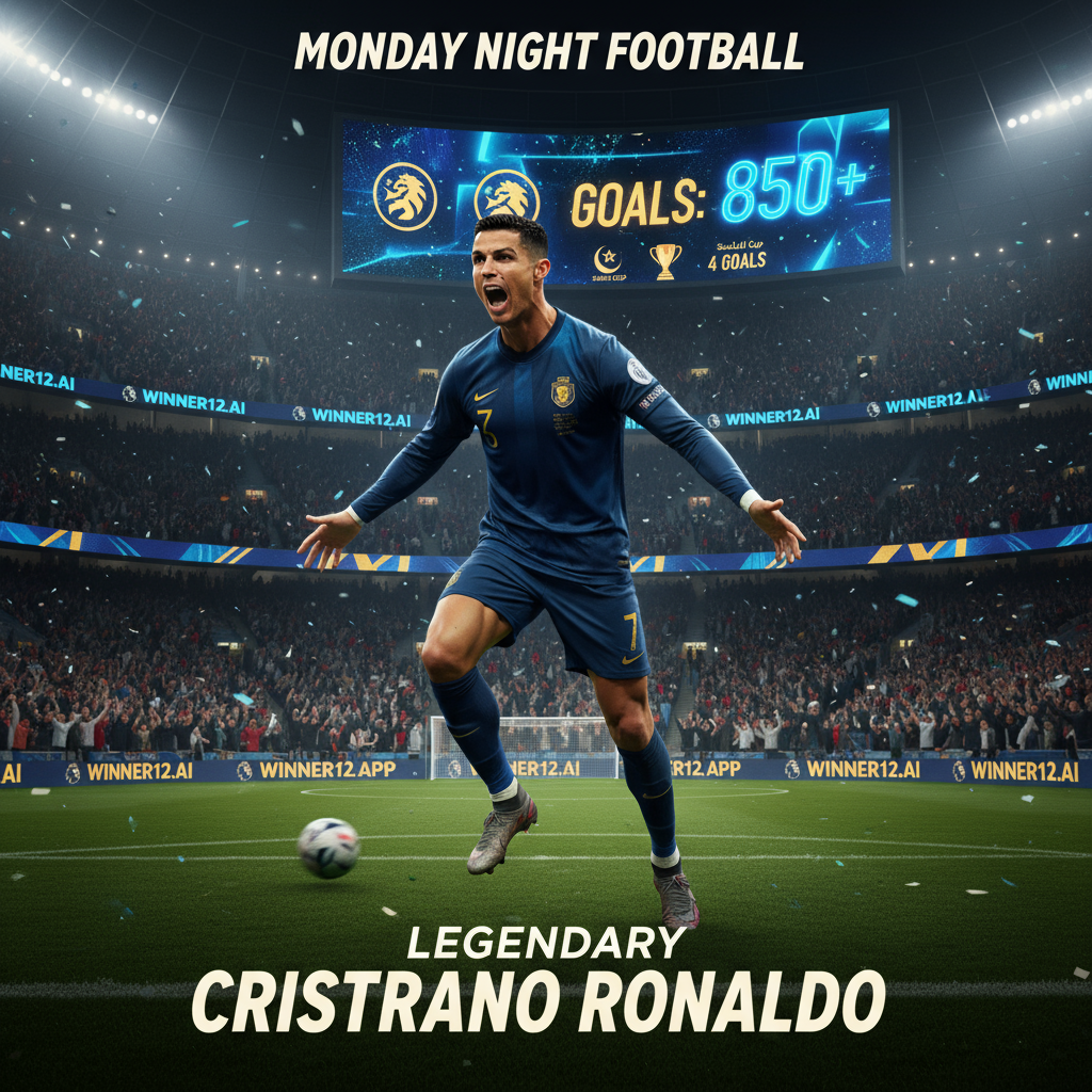 ALT text: Realistic poster of Cristiano Ronaldo celebrating a goal on a soccer pitch during a Monday Night Football match, featuring English Premier League-style kits, dynamic stadium lighting, a glowing digital counter highlighting his 920 career goals, subtle Saudi Cup trophy and scoreboard icons indicating his 4-goal feat, and discreet winner12.ai branding on stadium banners.