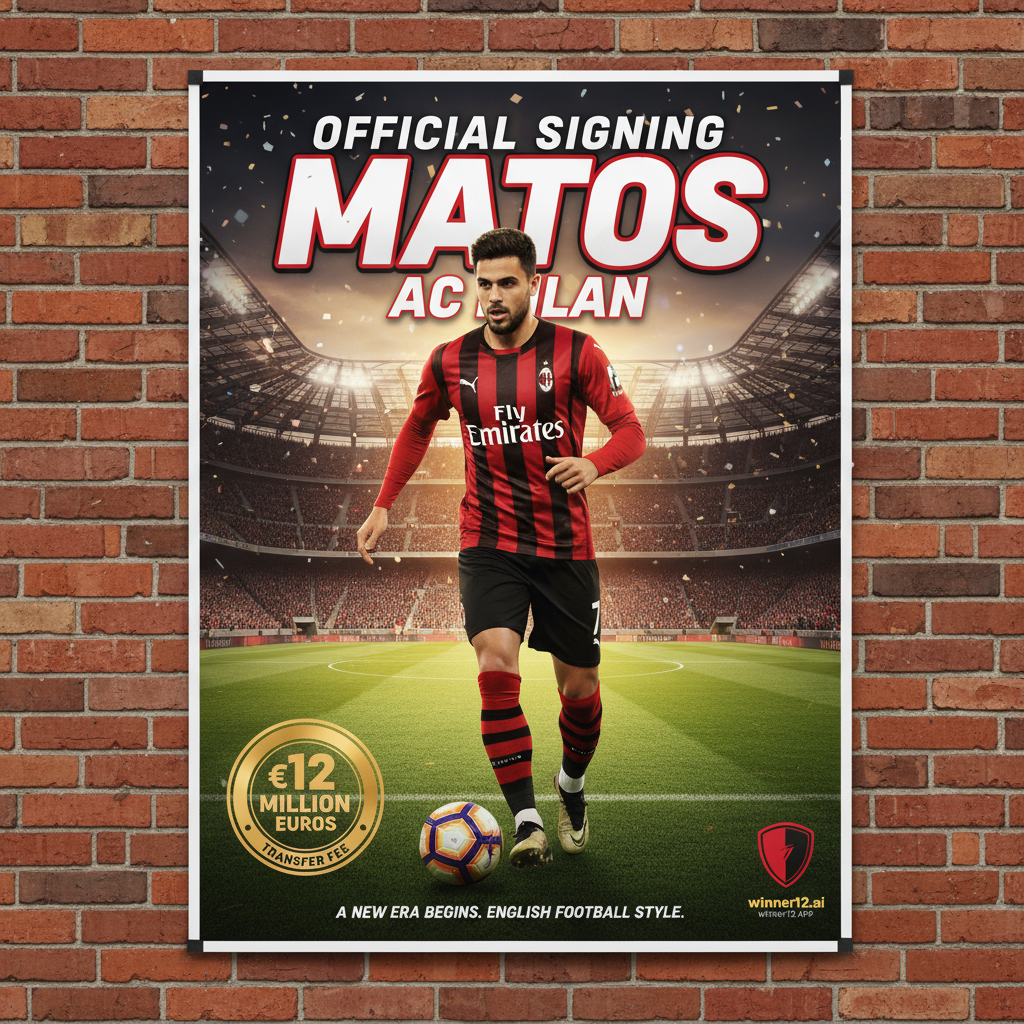图片ALT文本：AC米兰官方宣布以1200万欧元签下马托斯，画面展示马托斯身穿红黑相间的AC米兰球衣，在专业足球场内自信姿态，背景体现英式足球风格，海报设计融入winner12.ai品牌元素，突出重大转会庆祝氛围。