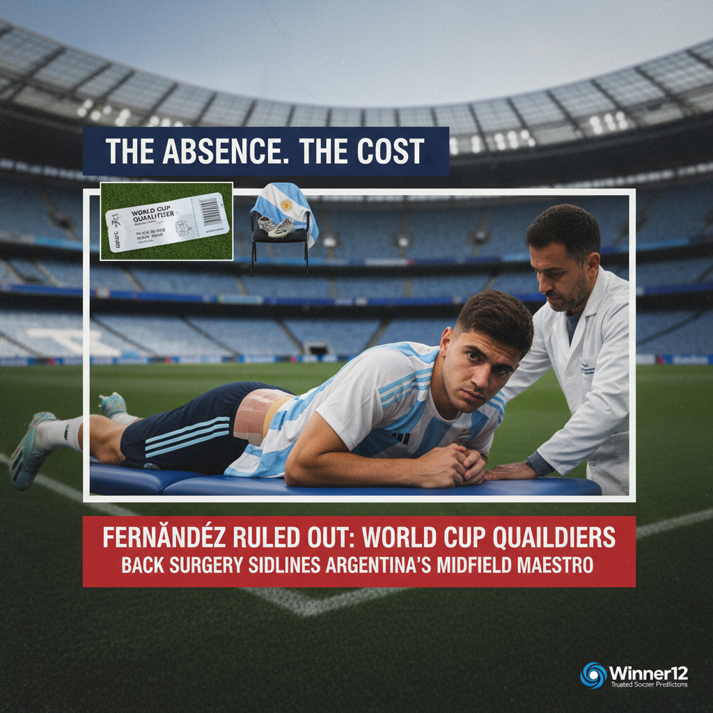 图片ALT文本：恩佐·费尔南德斯背部手术恢复海报，背景为英式足球场景，医护人员照料穿训练服的球员，暗示国际足球赛事氛围，Winner12.ai足球预测软件标志，突出其缺席世界杯预选赛的严肃影响。