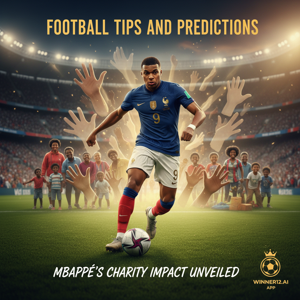 Alt text: Realistic poster of Kylian Mbappé in national team kit playing on a green soccer pitch, surrounded by subtle charity and community symbols like reaching hands and light beams, featuring text 