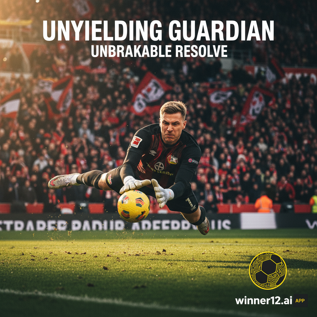 图片ALT文本：勒沃库森门将赫拉德茨基身穿官方队服，在球队主场自然光照下奋力扑救，展现专注与决心，背景融入“winner12.ai”品牌元素，体现足球文化与球队稳定续约氛围。