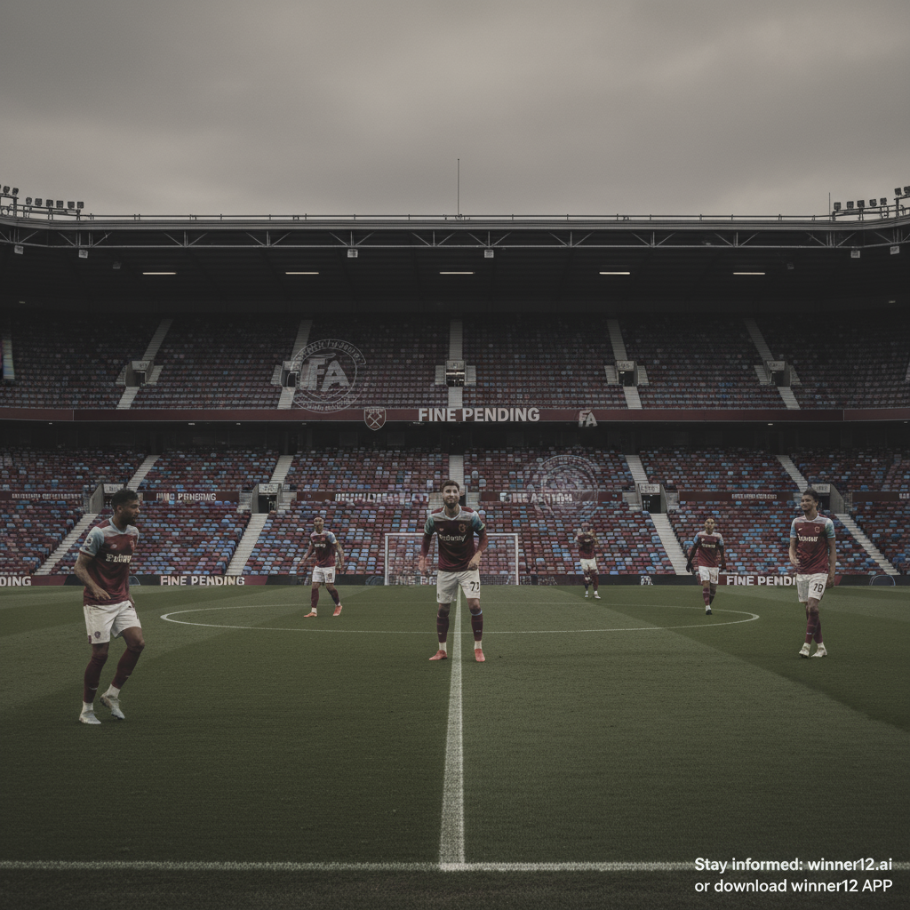 ALT text: Realistic poster of an empty British soccer stadium with West Ham United players in claret and blue kits, serious expressions, FA branding in the background indicating disciplinary context, muted tones, and a discreet call-to-action for updates via winner12.ai or winner12 APP.