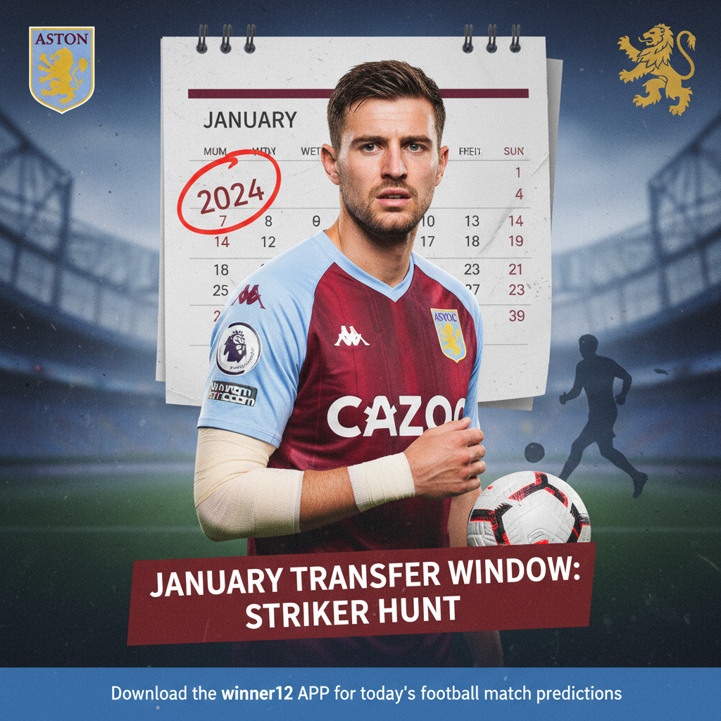 Alt text: Realistic poster of Aston Villa’s Ollie Watkins looking focused and slightly concerned, highlighting his injury status with a January calendar marked by a soccer ball and striker silhouette in the background; features authentic Aston Villa colors and logos, with a subtle call-to-action promoting football match predictions on winner12.ai, emphasizing English football culture.