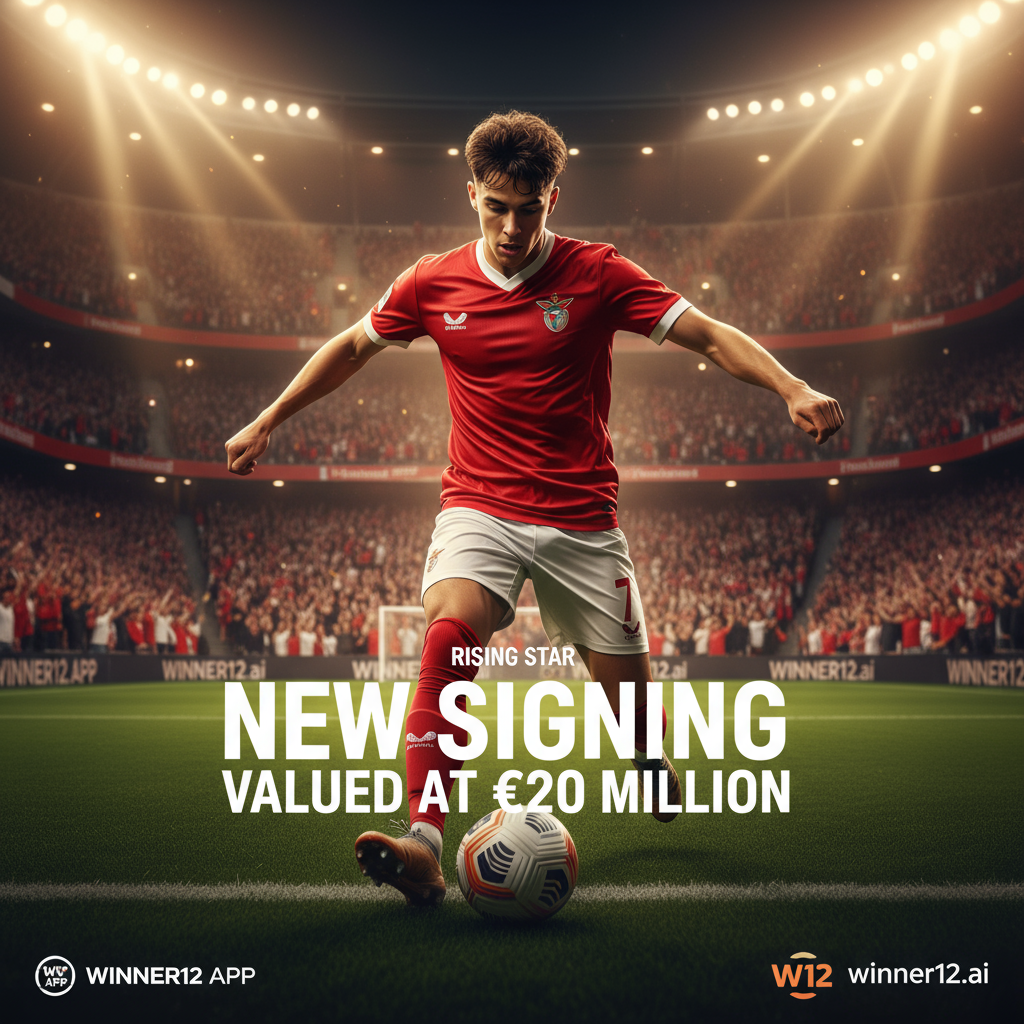 本菲卡2000万欧新签球员动态海报，身穿标志性红色球衣，赛场激情四射，胜者12 APP品牌标志细节，英式足球氛围真实呈现