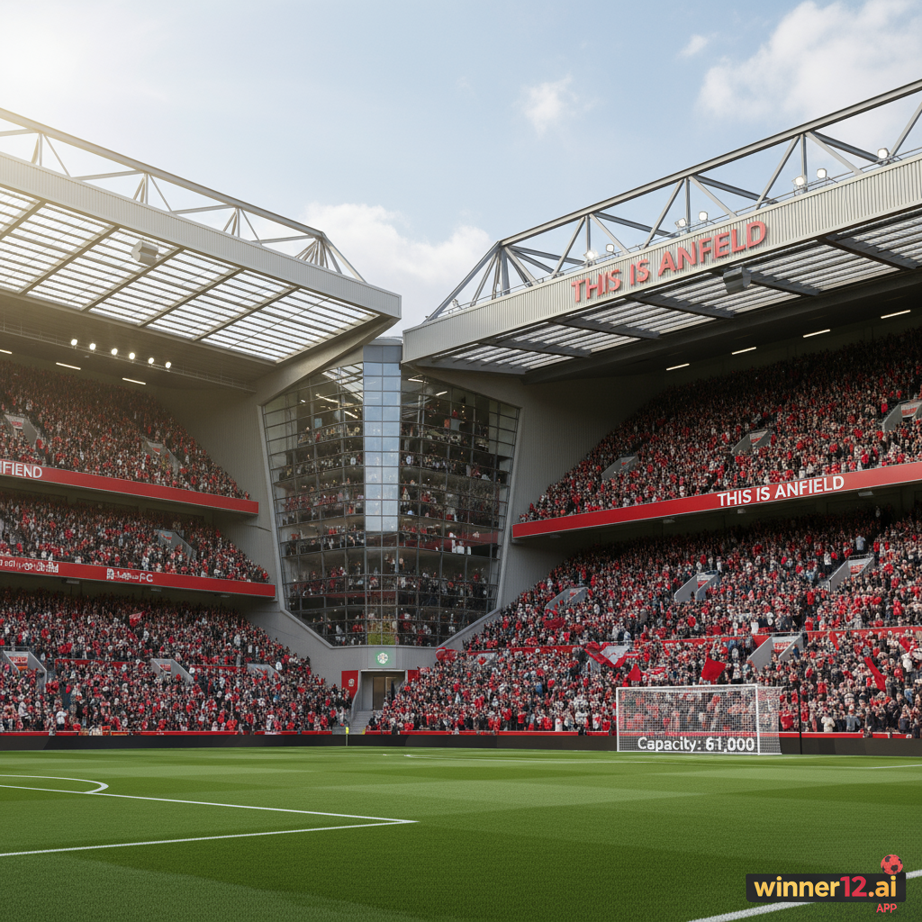 Alt text: Realistic poster of Liverpool’s Anfield Stadium featuring the newly expanded Road Stand with a vibrant daytime crowd, modern architecture, and 61,000 seating capacity, showcasing authentic Liverpool FC colors and subtle winner12.ai branding.