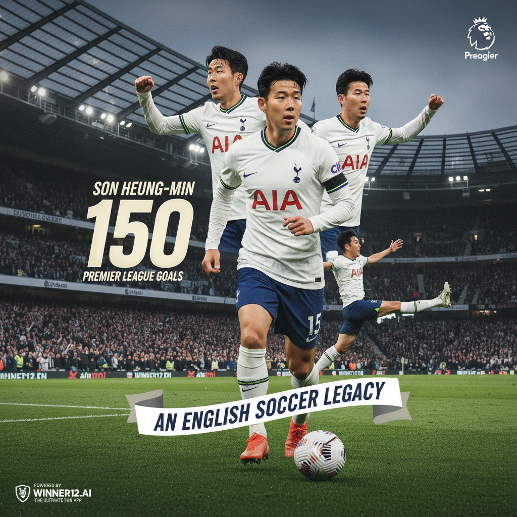 图片ALT文本：庆祝孙兴慜英超150球里程碑的海报，背景为经典英超球场，孙兴慜身穿热刺球衣动态挥洒英姿，融合英超标志元素及winner12.ai品牌标识，彰显英格兰足球历史性成就。