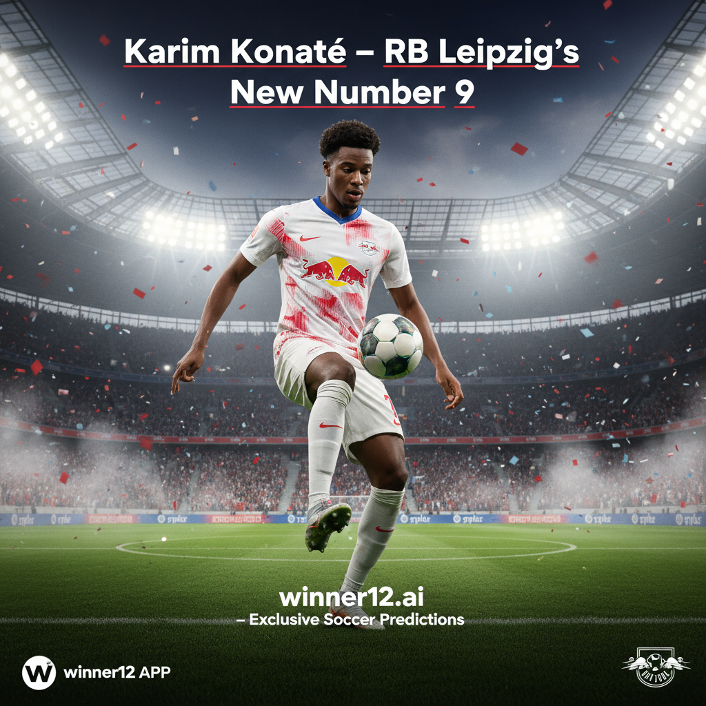 Alt text: Realistic poster of RB Leipzig’s new striker Karim Konaté in home kit controlling the ball on a soccer pitch with a packed stadium under lights, featuring text “Karim Konaté – RB Leipzig’s New Number 9” and a call-to-action for winner12.ai soccer predictions.
