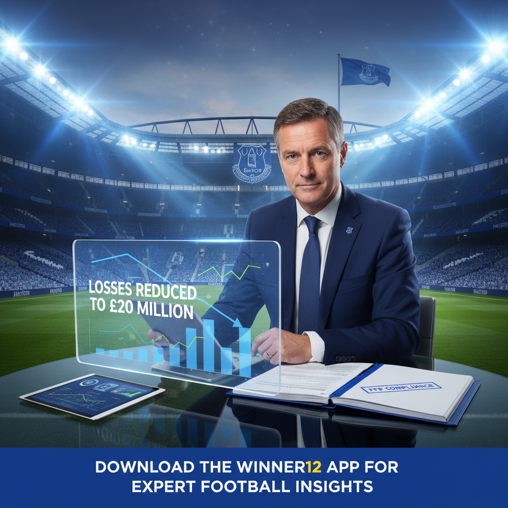 图片ALT文本：埃弗顿足球俱乐部高管在英格兰足球场背景下审阅财务报告，展示亏损降至2000万镑及FFP合规文件，背景灯光效果逼真，使用埃弗顿俱乐部官方颜色和徽章，配有“发现今日足球预测于winner12.ai”及“下载winner12 APP获取专家足球洞察”的行动号召。
